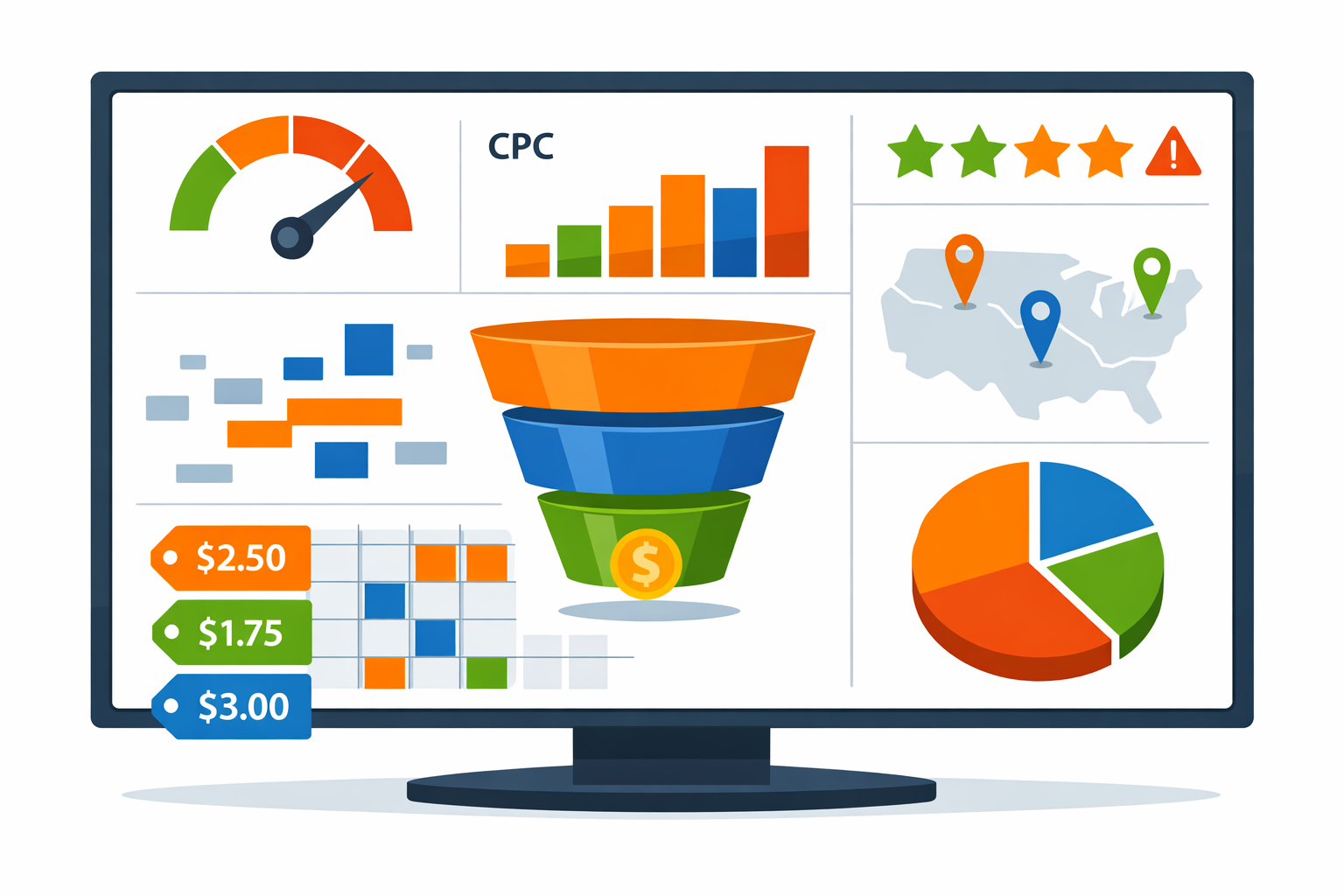 Google Ads PPC campaign dashboard showing click-through rates and conversion data