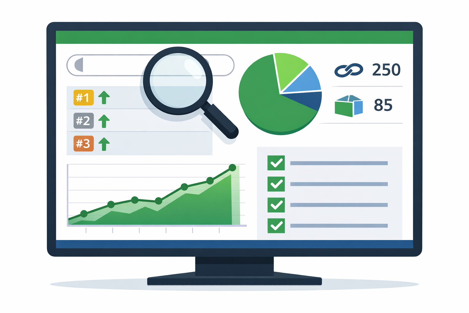 SEO keyword rankings dashboard showing organic traffic growth and search positions