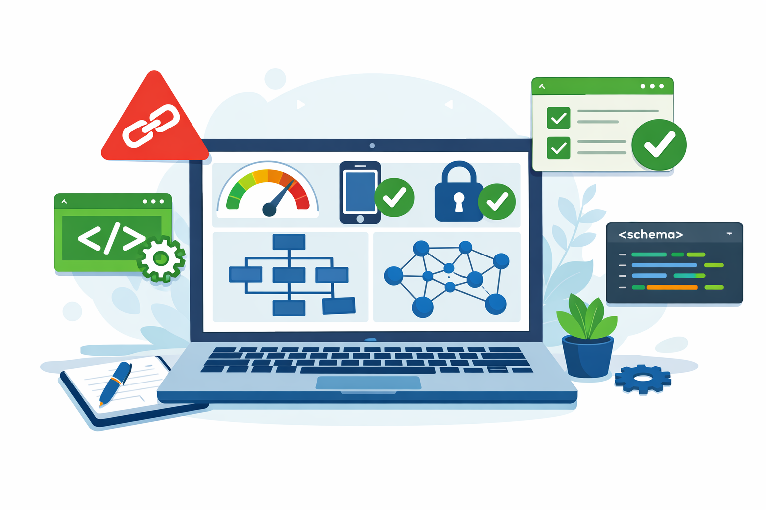 Technical SEO audit showing website performance and optimization metrics