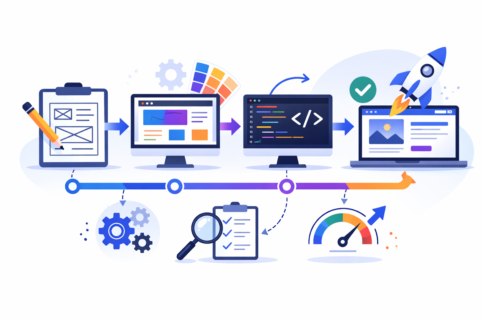 Website development process from wireframe to launch showing design workflow stages